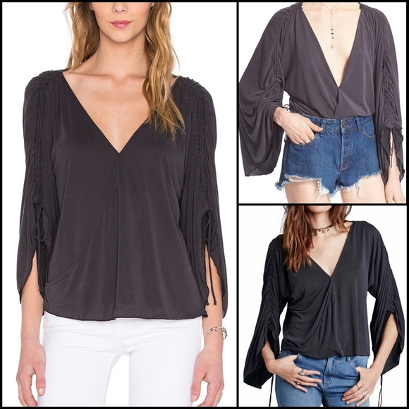Free People Surplice Modal Ruched Drape Sleeve Blouse Top